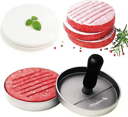 Meykers Burger Press 100 Patty Papers Set | Non-Stick Hamburger Press Patty Maker Mold with Free Wax Paper Sheets | Meat Beef Cheese Veggie Burger Maker for Grill Griddle BBQ Barbecue | BPA Free