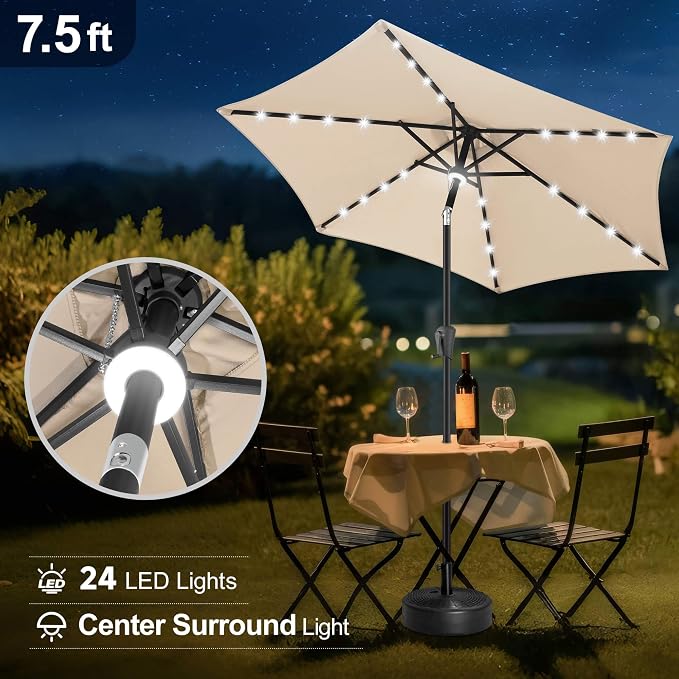 FLAME&SHADE Solar Patio Umbrella with Centre Light, 7.5 FT Beige | UV Protection, Small Solar Outdoor Umbrella for Porch, Deck, Backyard, Garden, Provides Evening Lighting, 24 LED Lights