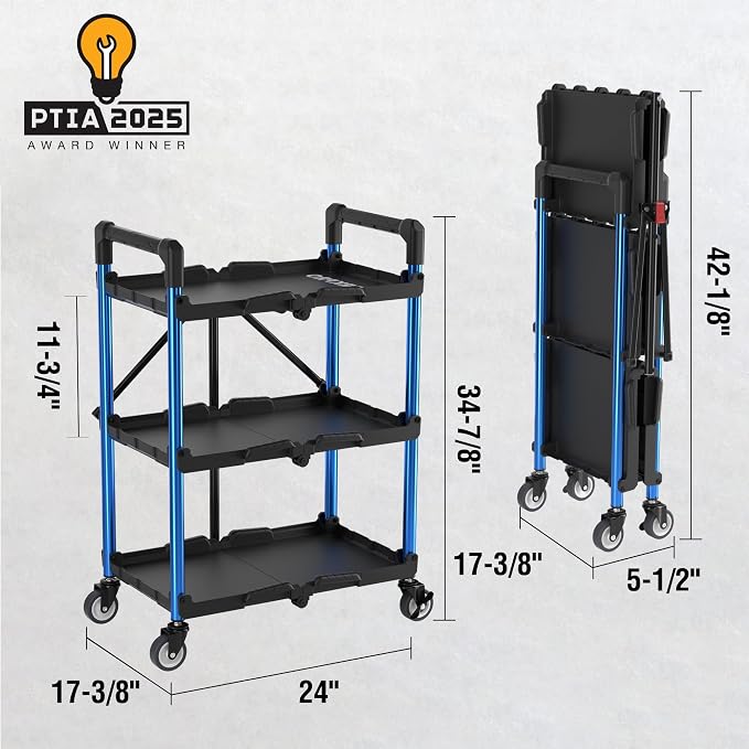 WORKPRO 3-Tier Collapsible Utility Cart, 210 LBS Cart with Wheels | No Assembly Required, Foldable Service Cart with Spacious Shelves for Garage, Warehouse, Office & Home Use, Black/Blue