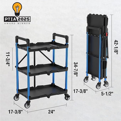 WORKPRO 3-Tier Collapsible Utility Cart, 210 LBS Cart with Wheels | No Assembly Required, Foldable Service Cart with Spacious Shelves for Garage, Warehouse, Office & Home Use, Black/Blue