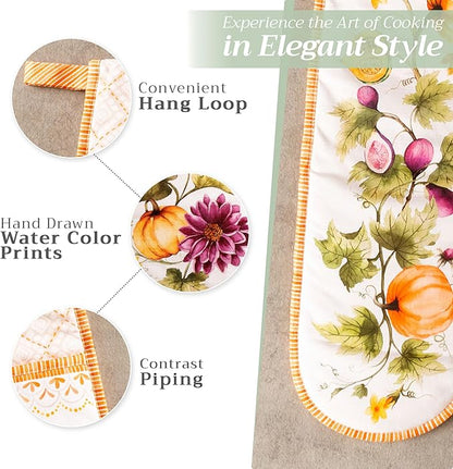 Maison d' Hermine Double Oven Mitt (7" x 35") 100% Cotton Heat Resistant BBQ Cooking Gloves with Loop for Thanksgiving Christmas Decorations Cooking Handling Hot Pan (Pumpkin Garden - Cloudy Cream)