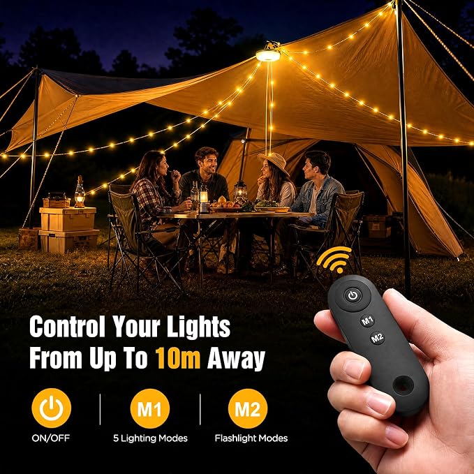 2-Pack Camping String Lights with Rmote, 4 in 1 Quick Storage 32.8FT | Rechargeable Fairy Tent Lights String 8 Modes, Portable Lantern LED Lamp for Outdoor Indoor Patio Yard Camping Essentials