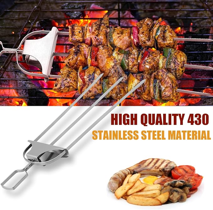 SHIKORI 3 Way Kabob Skewer, 14'' Stainless Steel Barbecue Fork-4 Pcs | Kabob Sticks With Push Bar Reusable Metal Skewer for Outdoor BBQ