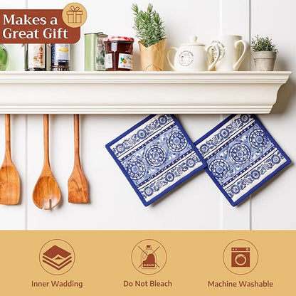 Maison d' Hermine Pot Holders 100% Cotton Heat Resistant Potholders 8" x 8" Hot Pads with Loop BBQ Cooking Baking Hotel Farmhouse Kitchen Handling Hot Pans Spring Summer (Pack of 2, Melodie Bleue)