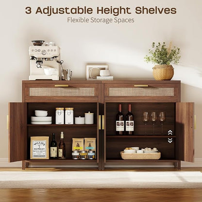 Rattan Buffet Cabinet with Storage, Sideboard Cabinet with Doors and Shelves, Accent Coffee Bar with Drawers, Farmhouse Kitchen Storage Cabinets, credenza for Entryway, Living Room Walnut