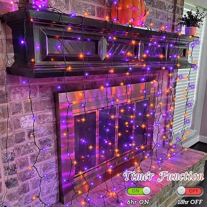 YEGUO 66ft 200 LED Orange and Purple String Lights Outdoor Waterproof, Green Wire Christmas String Lights Indoor, 8 Modes Twinkle Tree Lights Plug in with Timer Memory