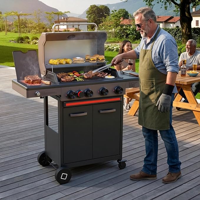 Brand-Man 4 Burner Propane Gas Grill with Infrared Side Burner, 52,000 BTU Total BBQ Grill with Porcelain-Enameled Cast Iron Diamond-Pattern Grates & Griddle for Outdoor Barbecue Grilling