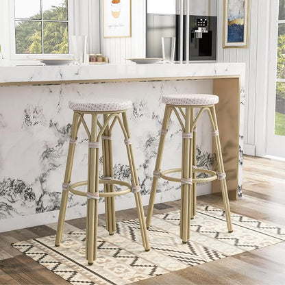 Seadrift Boho 30-inch Aluminum and All-Weather Wicker Barstools with Footrest, Patio Stools & Bar Chairs for Outdoor, Kitchen Counter, Poolside, Yard, Set of 2, White and Pink