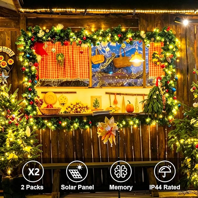 QITONG 2 Pack Warm White Solar String Lights, Each 66ft 200 LED Solar Fairy Lights Outdoor Waterproof, 8 Modes Green Wire Solar Twinkle Tree Lights for Outside