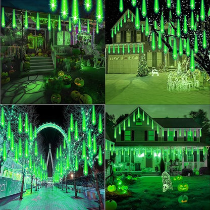Weepong Halloween Lights Outdoor, Meteor Shower Christmas Lights for Halloween Decorations, 8 Tube 192 LED Snow Falling Rain Icicle String Light for Xmas Christmas Decor Tree Party, UL Plug Green