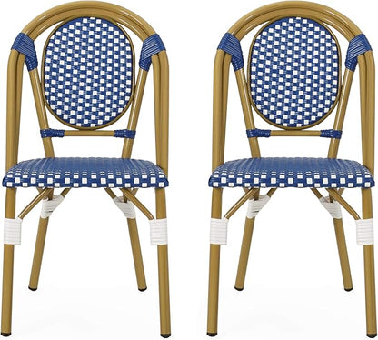 Christopher Knight Home Gwendolyn Outdoor French Bistro Chairs (Set of 2), Blue + White + Bamboo Print Finish