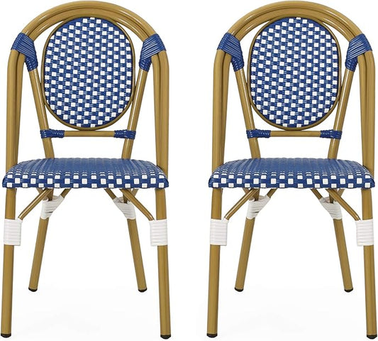 Christopher Knight Home Gwendolyn Outdoor French Bistro Chairs (Set of 2), Blue + White + Bamboo Print Finish