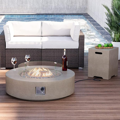 HOMPUS Outdoor Round Propane Fire Pit Table, 41''Fire Table w Wind Guard & 20lb Tank Cover Table, 50000 BTU Fire Pit w Free Waterproof Cover & Fire Stone for Patio, Garden, Grey