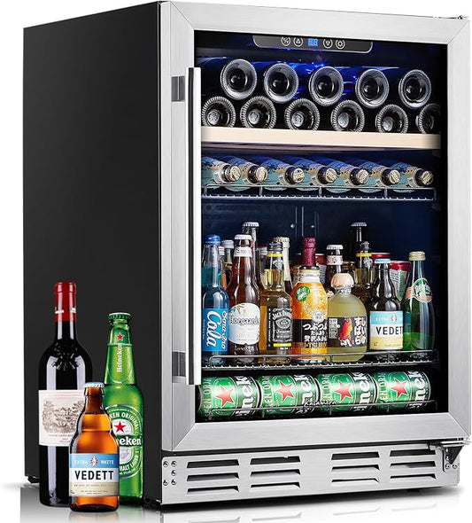 Kalamera 24 inch Beverage and Wine Cooler 118 Cans & 16 Bottles Capacity | Built-in or Freestanding Mini Fridge, Wine Refrigerator Cooler with Interior Light