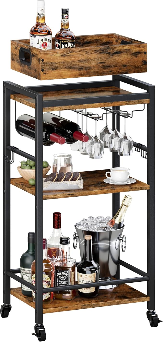 3 Tier Rolling Bar Cart with Wheels, Wine Cart with Removable Tray, Rustic Bar Carts Small, Drink Cart for Small Spaces, Beverage Cart, Liquor Cart for Kitchen, Living Room(Rustic Brown)GBC513R