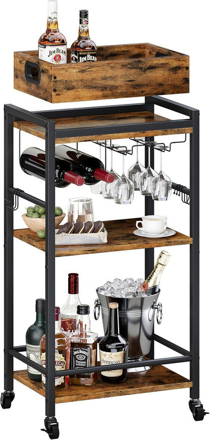 3 Tier Rolling Bar Cart with Wheels, Wine Cart with Removable Tray, Rustic Bar Carts Small, Drink Cart for Small Spaces, Beverage Cart, Liquor Cart for Kitchen, Living Room(Rustic Brown)GBC513R