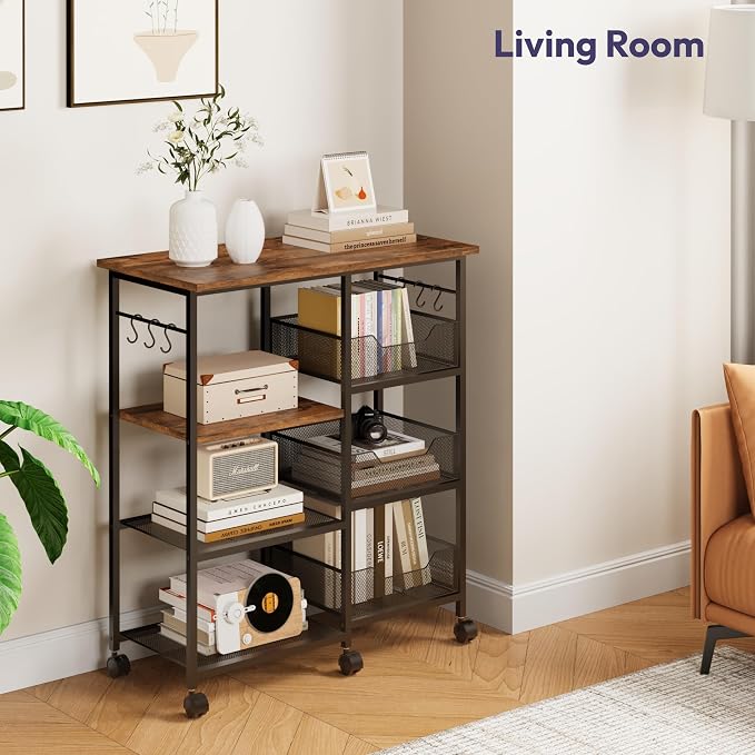 SWTYMIKI Microwave Cart with Storage - 28.35x14.57in Rolling Kitchen Table Cart with Storage Shelves, 6 Removable Hooks& Locking Casters, Coffee Bar Cabinet for Dining Room Pantry Office, Espresso