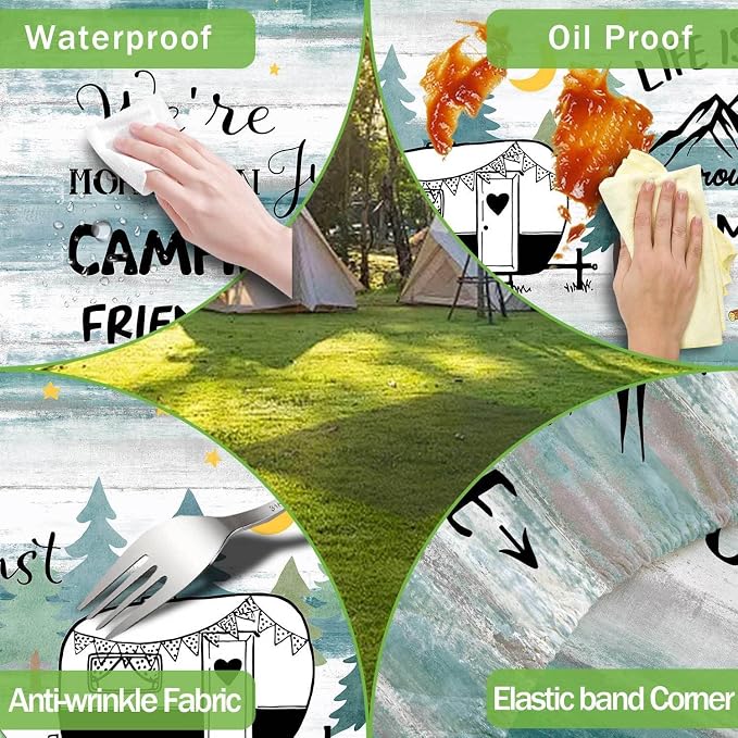 Happy Camper Picnic Table Cover with Bench Covers Elastic Edges, Wooden Camper Fitted Table Cover, Outdoor Patio Camping Essentials 72 Inch 3PCS, Waterproof Camping Tablecloth with Drawstring Bag