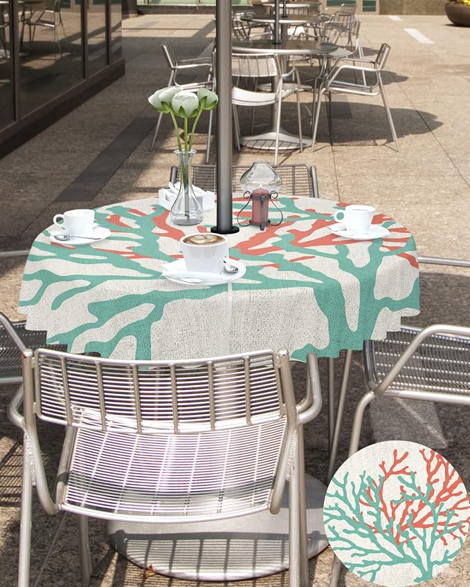 Teal Red Coral Outdoor Tablecloth - 60 Inch Round Dining Table Cover, Summer Ocean Nautical Coastal Rustic Burlap Waterproof Outdoor Table Cloth with Umbrella Hole & Zipper for Picnic/Patio/Party