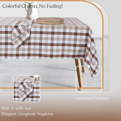 Gingham Tablecloth 60x84 Inch, 100% Cotton, Classic Check, Reusable & Machine Washable, Rustic Dining Table Cover for Kitchen, Holidays, Outdoor Gatherings, Brown, Beige White