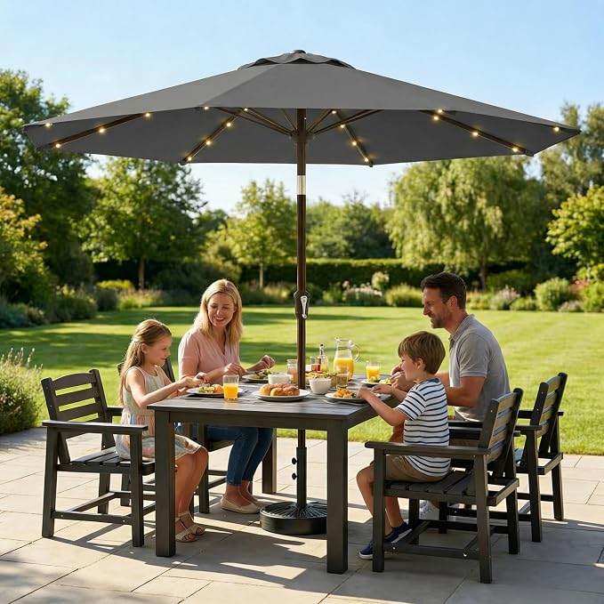 10FT Solar Lighted Patio Umbrella, Outdoor Table Market Umbrellas with Push Button Tilt and Crank, 32 LED Lights, 8 Sturdy Ribs, UV-Resistant for Deck, Garden, Pool