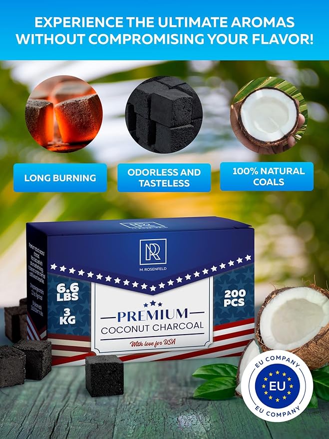 Premium Coconut Charcoal Cubes - Coconut Coals XL Pack of 200 Count & 3 KG (6.6 lbs) – Premium Quality 25mm (1x1x1 in) – 100% Natural Coconut Charcoal Cubes – NOT Quick Light - (Pack of 1)