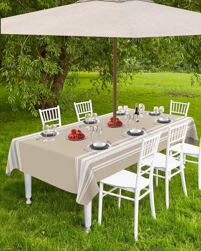 QueenKer Outdoor Tablecloth with Umbrella Hole, Khaki and White Stripe Rectangle Tables Waterproof Tabletop Collection for Patio, Garden, Picnic, Camping, Dining 54 x 80 inch