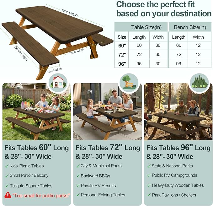 Picnic Table Cover Bench Covers Camping Essentials Tablecloth | Waterproof Vinyl for Outdoor, Windproof Elastic Fitted Edges, RV BBQ Accessories Must Haves, Storage Bag Included