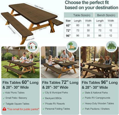 Picnic Table Cover Bench Covers Camping Essentials Tablecloth | Waterproof Vinyl for Outdoor, Windproof Elastic Fitted Edges, RV BBQ Accessories Must Haves, Storage Bag Included