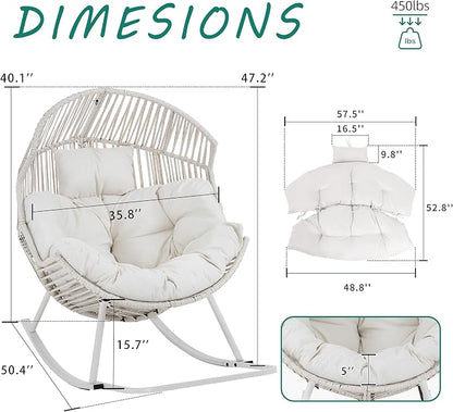 Shintenchi Egg Chair Outdoor, Oversized Outdoor Indoor Wicker Rocking Chair, Large PE Rattan Egg Rocking Chair with Cushion for Patio, Balcony, Backyard, Garden, White