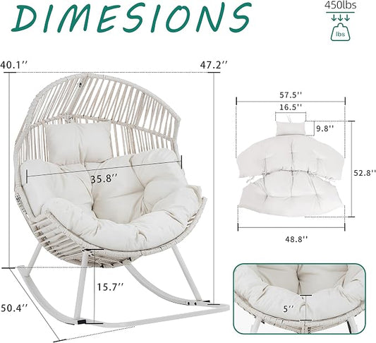 Shintenchi Egg Chair Outdoor, Oversized Outdoor Indoor Wicker Rocking Chair, Large PE Rattan Egg Rocking Chair with Cushion for Patio, Balcony, Backyard, Garden, White