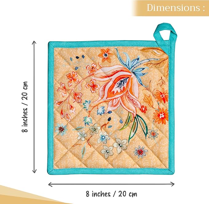 Maison d' Hermine Pot Holders 100% Cotton Heat Resistant Potholders 8" x 8" Hot Pads with Loop Cooking Baking Hotel Farmhouse Kitchen Handling Hot Pans Spring Summer (Pack of 2, Luxury Loft - Peach)