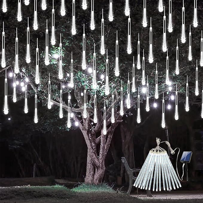 Solar Meteor Shower Lights, Solar Christmas Lights 16 Tubes 384 LEDs (Equivalent to 2 Sets of 8-Tube), Outdoor Waterproof Icicle String Light, LED Rain Drop Light for Tree Garden Decor (Cool White)