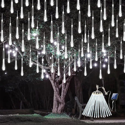 Solar Meteor Shower Lights, Solar Christmas Lights 16 Tubes 384 LEDs (Equivalent to 2 Sets of 8-Tube), Outdoor Waterproof Icicle String Light, LED Rain Drop Light for Tree Garden Decor (Cool White)