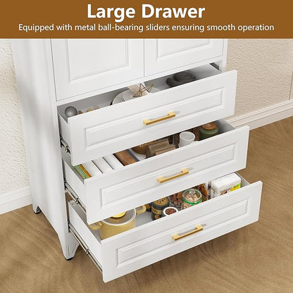 Polup Kitchen Pantry Cabinet, 75" Tall Pantry Cabinet with Three Drawers, Metal Storage Cabinets with Doors and Shelves, Freestanding Food Cupboard for Dining, Living Room, White, Assembly Required