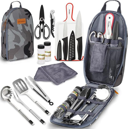 Wealers Camp Kitchen Cooking Utensil Set Travel Organizer Grill Accessories Portable Compact Gear for Backpacking BBQ Camping Hiking Travel Cookware Kit Water Resistant Case
