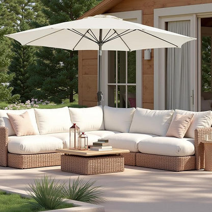 9FT Large Outdoor Patio Umbrella Market Table Umbrella-UV Resistant, Easy Push Button Tilt and Crank, 8 Sturdy Ribs Heavy-Duty Pool Umbrella for Deck,White