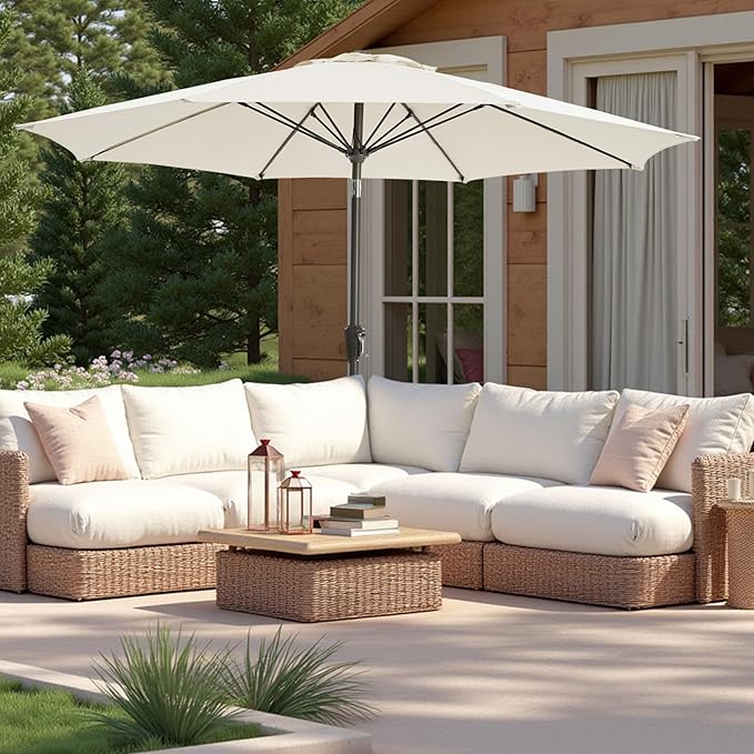 9FT Large Outdoor Patio Umbrella Pool Market Umbrella-UV Resistant, Easy Push Button Tilt and Crank, 8 Sturdy Ribs Heavy-Duty Table Umbrella for Deck, Backyard, Garden (White)