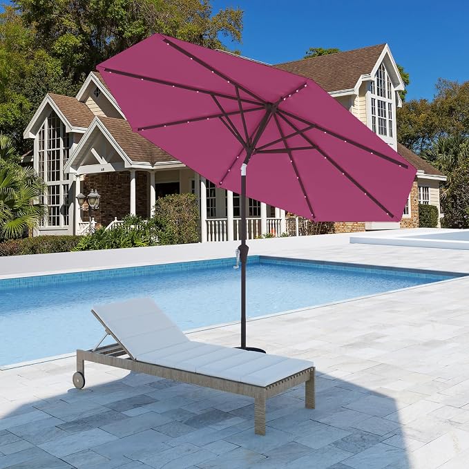 9FT Patio Umbrella with Solar Lights,Outdoor Market Umbrella with Tilt and Crank, LED Lighted Table Umbrella for Garden,Deck,Backyard,Pool,Beach (Rose Pink)