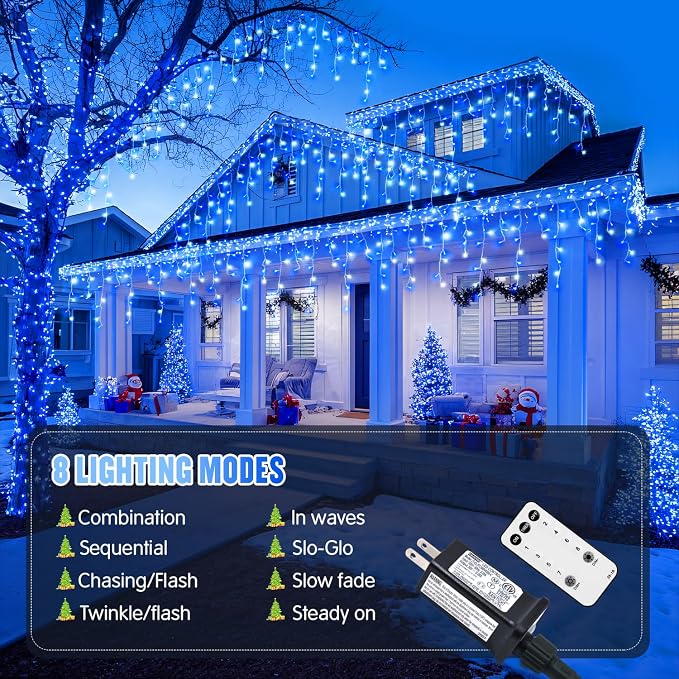 JMEXSUSS 400 LED 38.8 Ft Blue & White Icicle Christmas Lights for Outside | Connectable Icicle String Lights Plug in with Remote, 8 Modes Christmas Lights Indoor Outdoor for Party Christmas Eave Decor