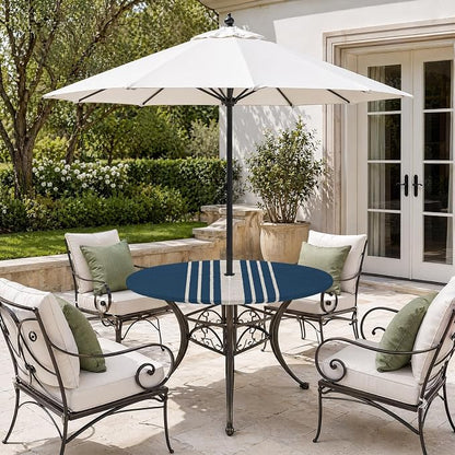 Outdoor Fitted Tablecloth with Umbrella Hole and Zipper, Navy Blue Beige Striped Elastic Round Patio Table Cover, Farmhouse Retro Lines Modern Table Protector for Backyard BBQ Party 55''-60''