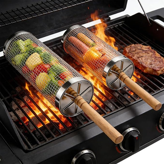 Rolling Grill Basket 2-Pack, Upgraded Rotating BBQ Basket for Outdoor Grill, Larger Capacity 304 Stainless Steel, Easy Clean with Cleaning Brush, Quick Grilling for Veggies, BBQ Accessories