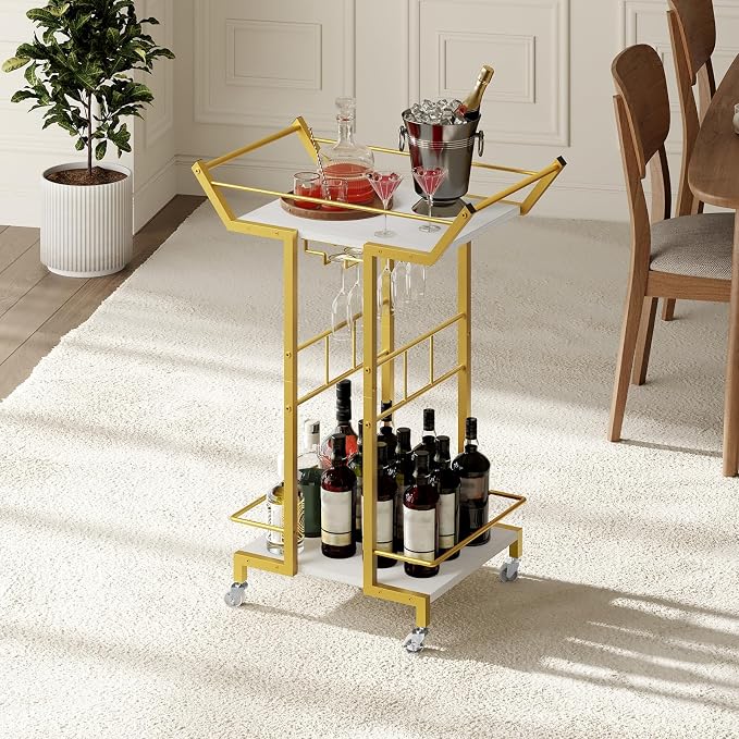Bar Cart, 3-Tier Serving Cart with Wine Glass Rack, Drink Cart with Wheels, Rolling Beverage Cart, for Living Room, Party, White and Gold BC10DW