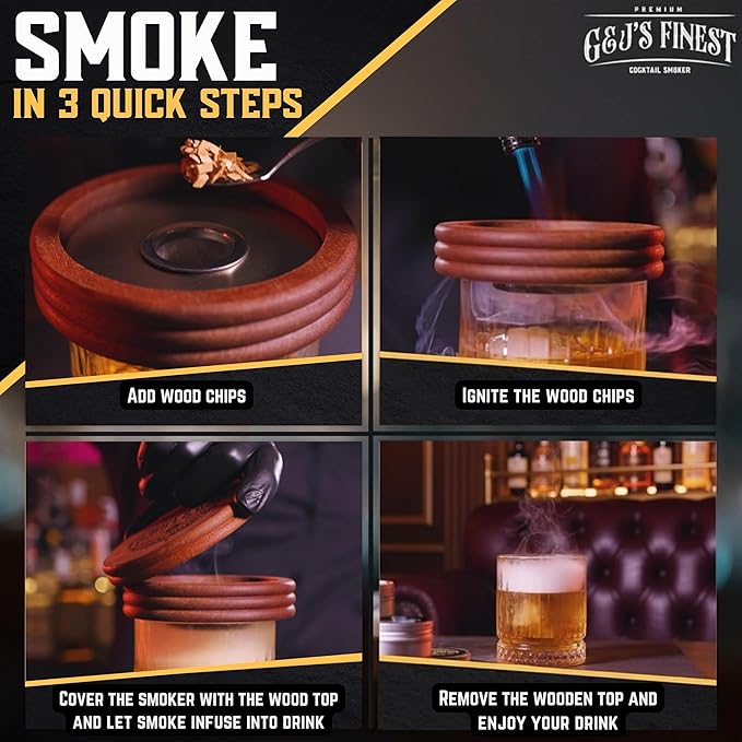 G&J's Finest Whiskey Smoker Kit with 3-Flame Torch, 2 Glasses, 2 Ice Molds & 6 Wood Chip Flavors – Smoked Bourbon|Old Fashioneds Drink Cocktails at Home, Butane Not Included (No Butane Incl.)