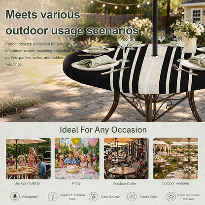 Outdoor Fitted Tablecloth with Umbrella Hole and Zipper, Black Beige Striped Elastic Round Patio Table Cover, Farmhouse Retro Lines Modern Windproof Table Protector for Backyard BBQ Party 31''-35''