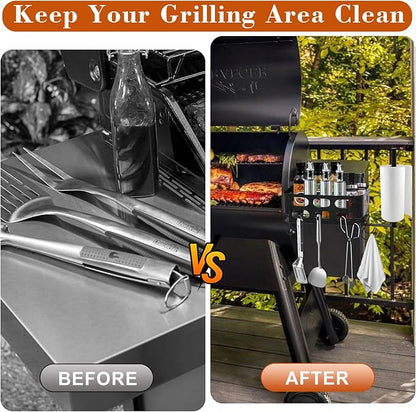 Storage Bin for Traeger Grills,BBQ Basket with Paper Towel Holder,7 Metal Hooks Compatible with Traeger Pro 20/22/34/575/780, Ironwood 650, Z Grills, Pit Boss Pellet Grills Black