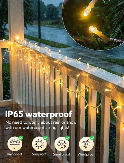 98FT 200 LED Warm White Christmas Fairy Twinkle String Lights Indoor | Remote Control, 8 Modes with Memory, 4 Dimmable Brightness, 3 speed levels, Connectable, IP65 Waterproof, Transparent Wire