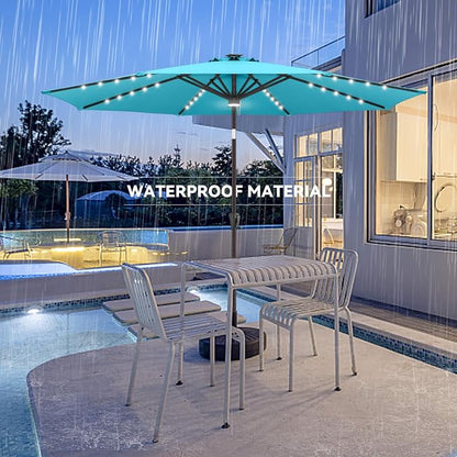 Solar Patio Umbrella with Centre Light, 9 ft Aqua Blue | 40 LED Lights, UV Protection, Solar Outdoor Umbrella for Porch, Deck, Pool, Table, Garden, Provides Evening Lighting