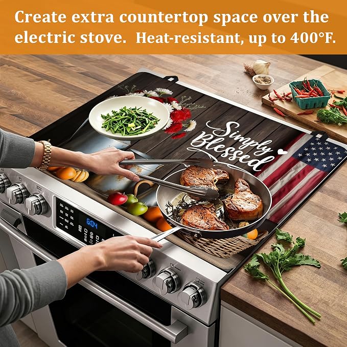 Electric Stove Top Cover,Farmhouse Flowers Stove Cover for Glass Top Electric Stove,American Flag Heat Resistant Flat Top Stove Mat Countertop Protector, 28 x 20 Inch