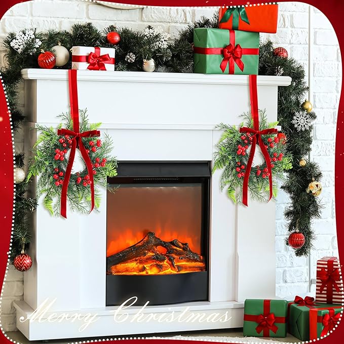Suncalla 4 Pcs 11 Inch Mini Christmas Cabinet Wreath for Kitchen Christmas Berry Hanging Cabinet Wreath Decor with Red Bow Artificial Pine Candle Ring for Xmas Door Fireplaces Table Centerpiece